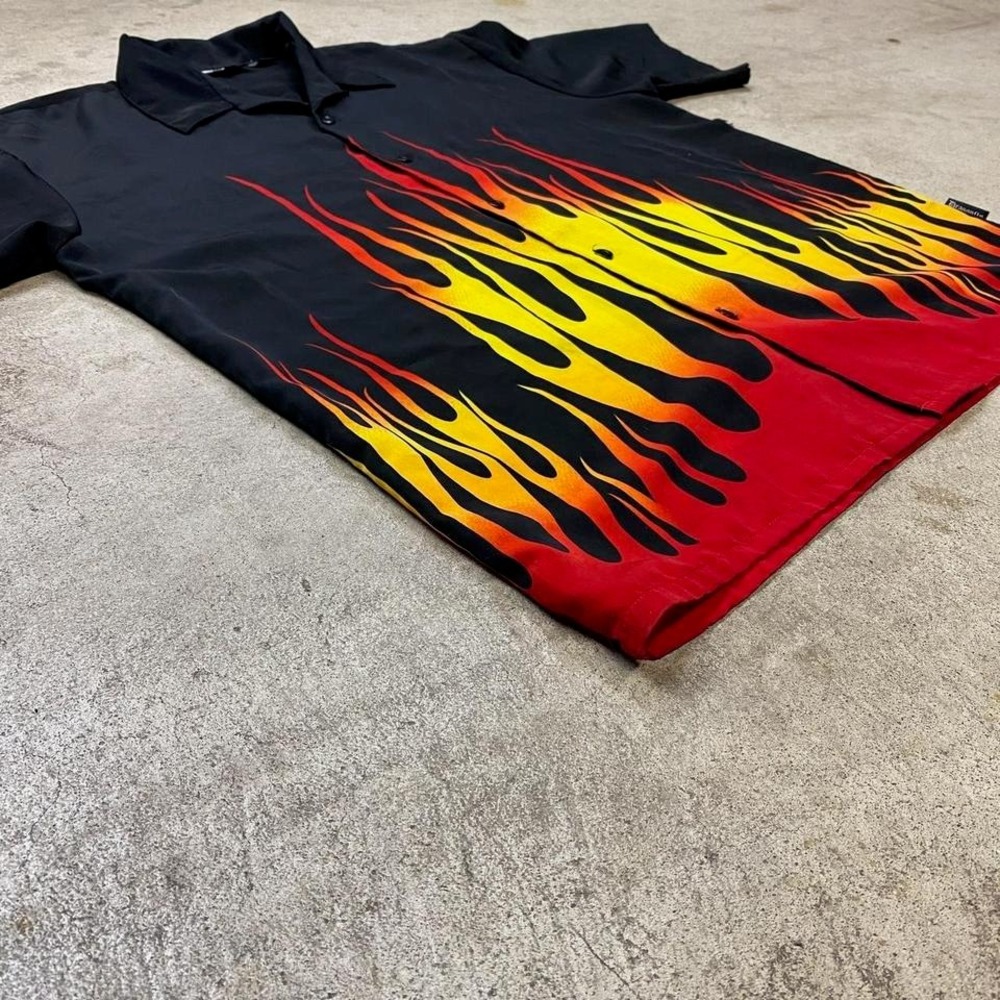 Vintage Y2K Dragonfly Clothing Co Button Up Short Sleeve Fire Flames Shirt Sz XL - Picture 3 of 6